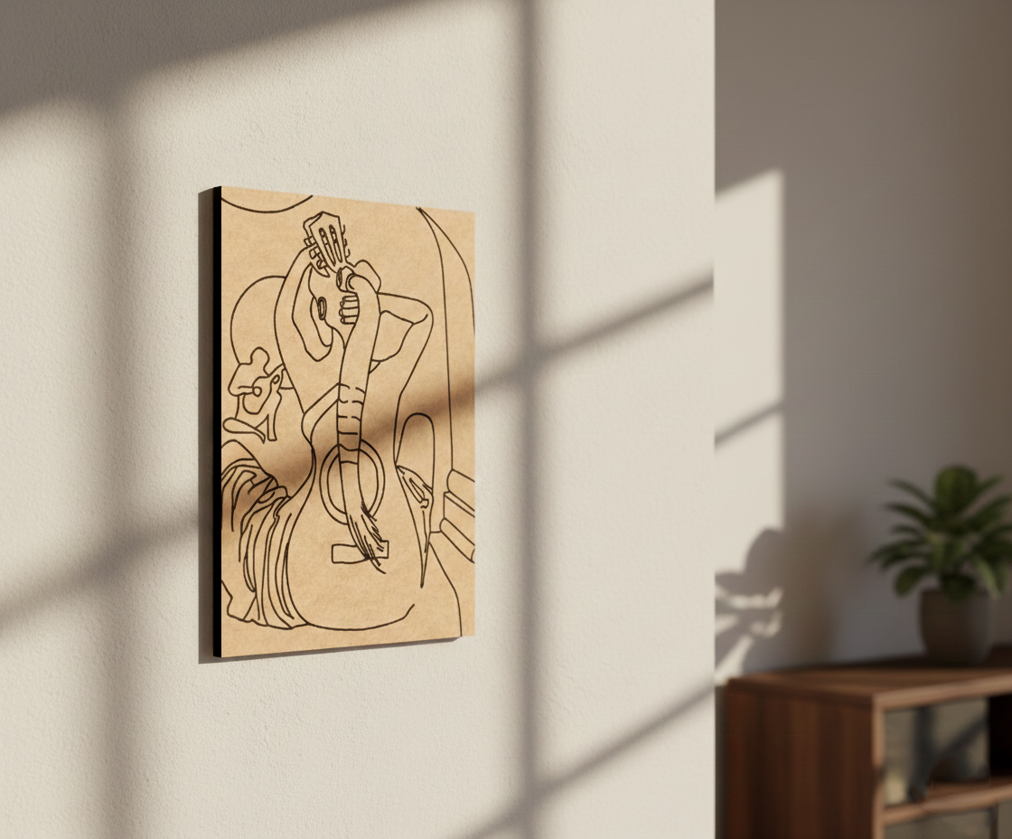 MDF DIY wall art with a guitar design on a light-colored wall.