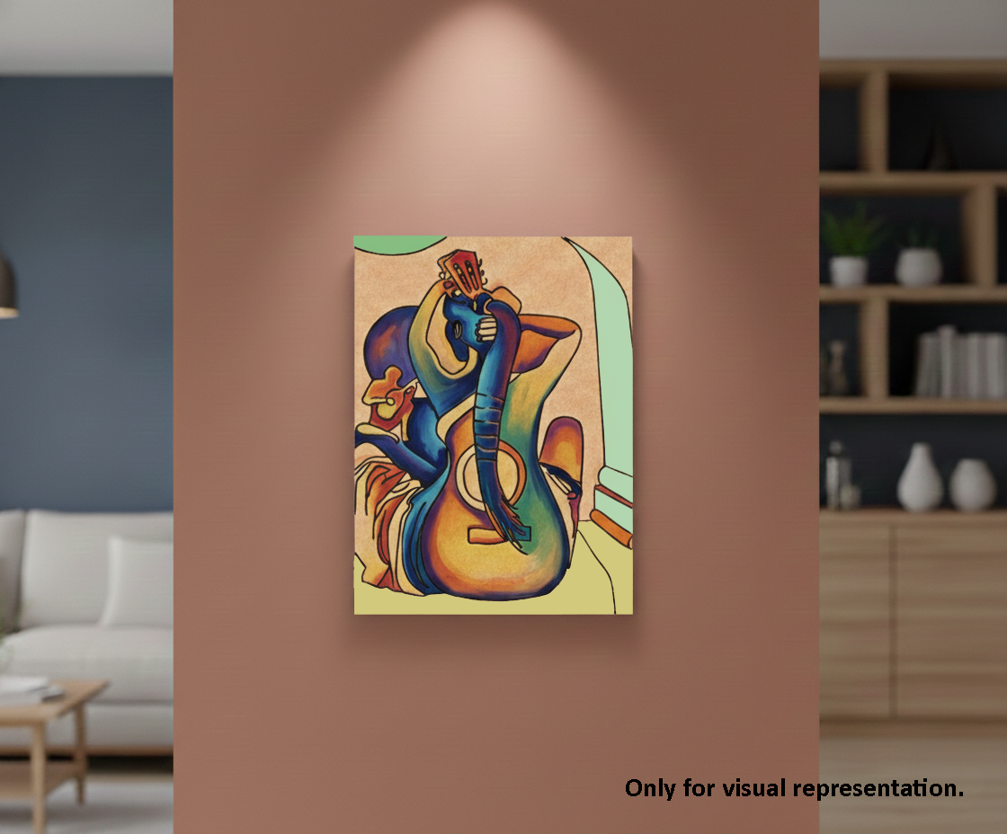 Colorful abstract painting on a wall in a living room setting