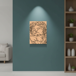 MDF DIY wall art of a stylized lion's head on a teal wall in a living room.