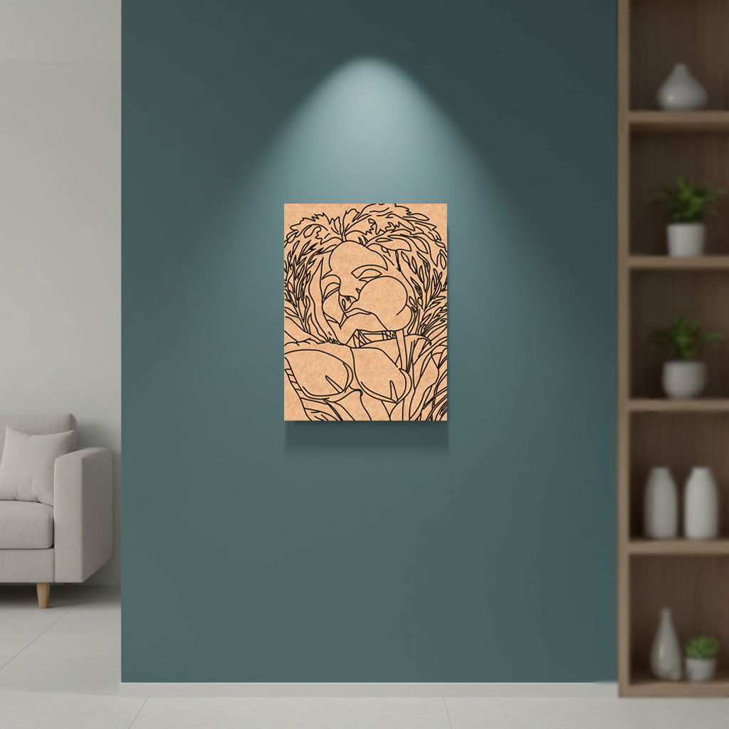 MDF DIY wall art of a stylized lion's head on a teal wall in a living room.