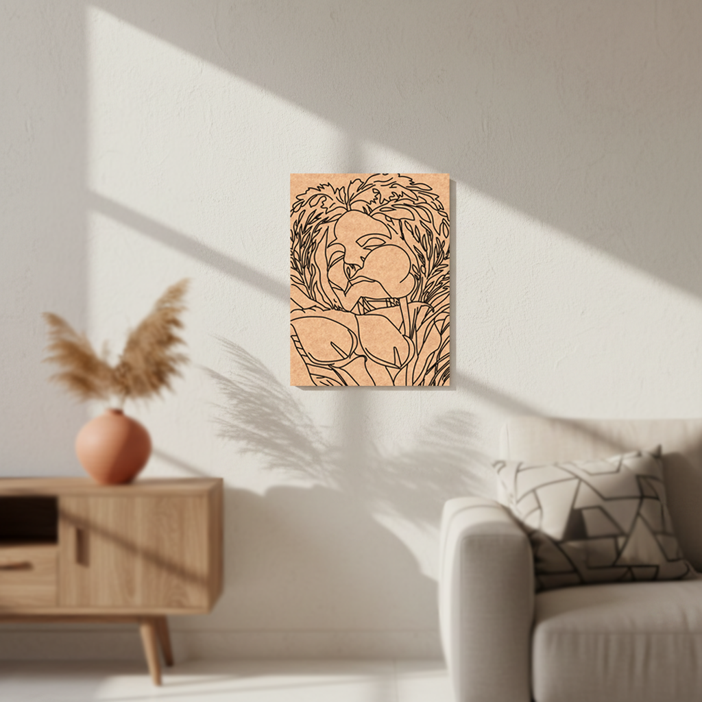  MDF DIY Canvas print of a stylized woman face head on a wall in a living room.