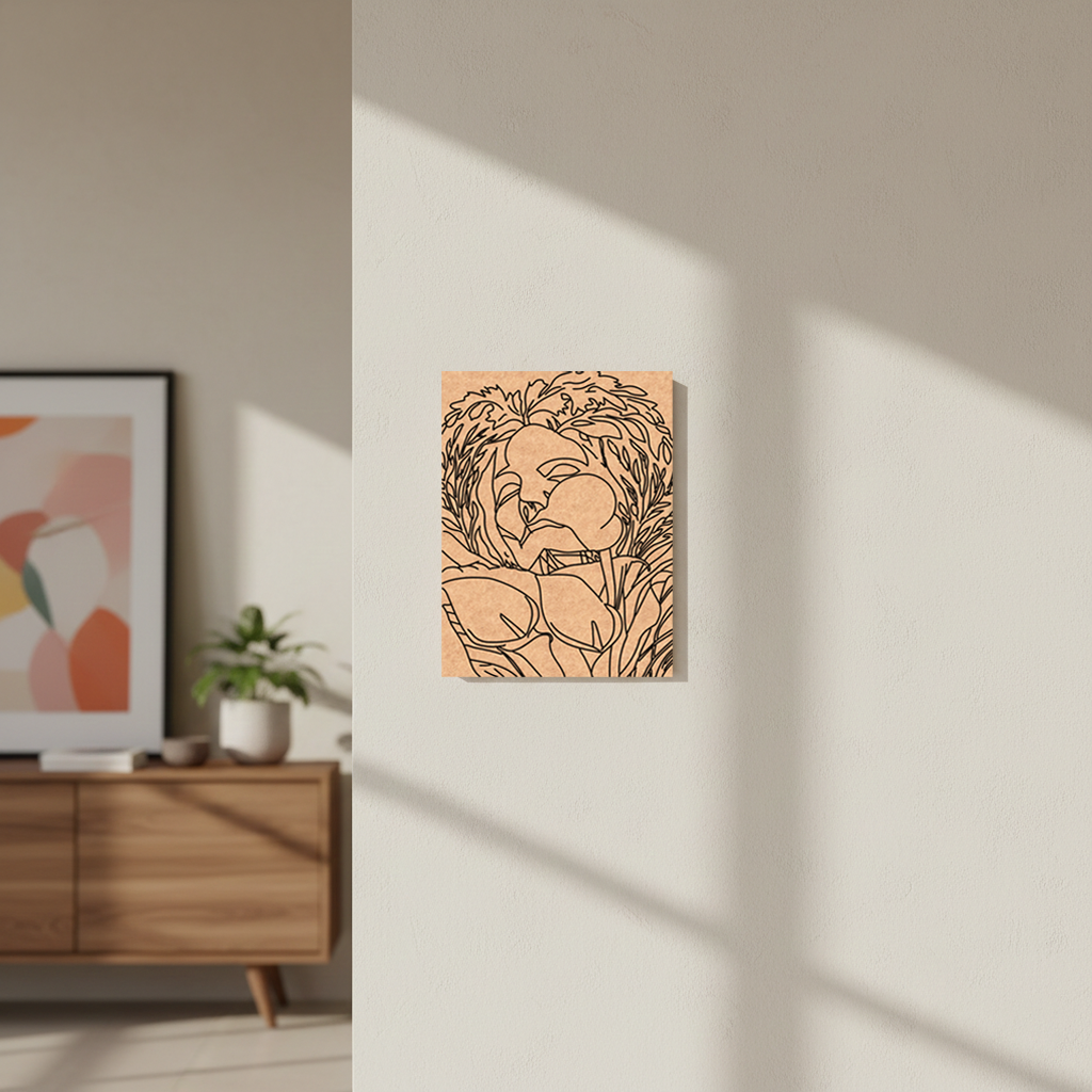 MDF DIY wall art of a stylized face with floral elements on a light beige wall.
