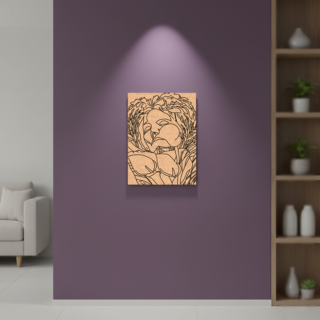 MDF DIY wall art of a stylized face with leaves on a purple wall in a room with a sofa and shelves.
