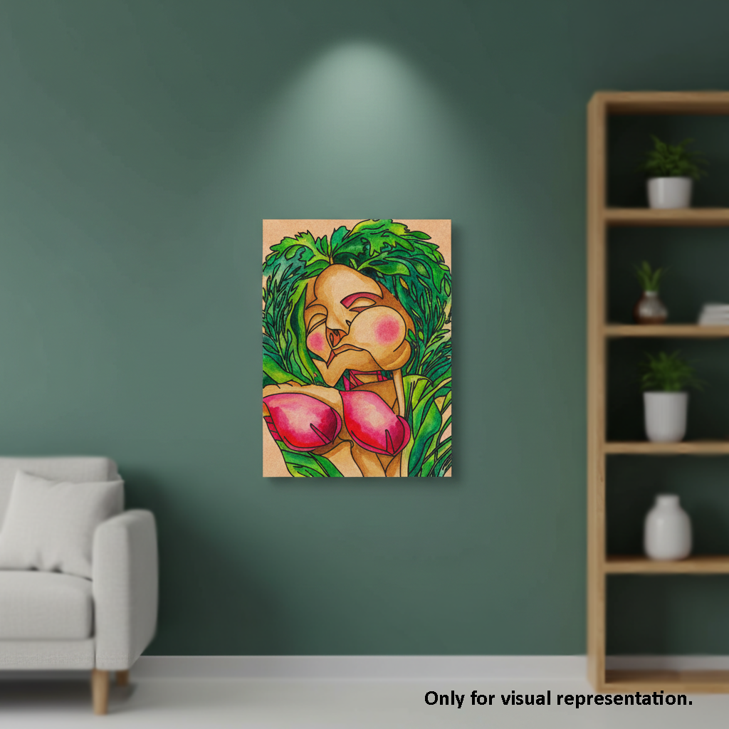 Canvas print of a stylized woman with green hair and pink bikini top hanging on a green wall.