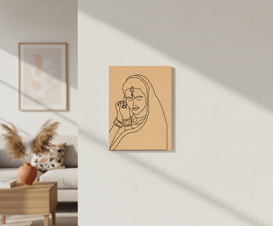 Minimalist line art of a woman on a beige background in a modern living room.
