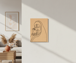 Minimalist line art of a woman on a beige background in a modern living room.