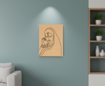 Minimalist line art of a woman's face on a beige background in a modern living room.