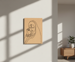 Minimalist line art of a woman's face on a brown paper background in a sunlit room.