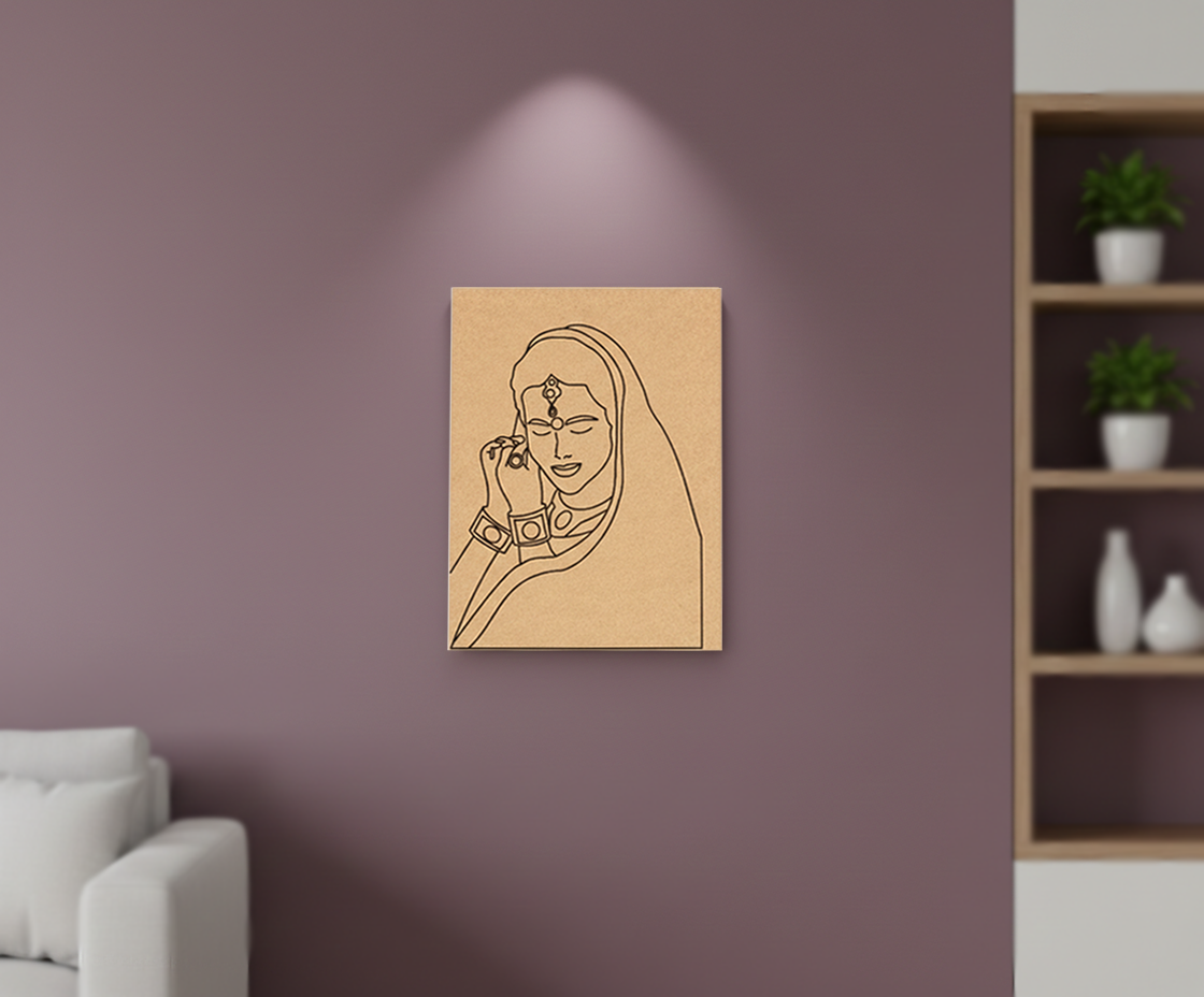 Line art of a woman on a beige wall in a living room setting