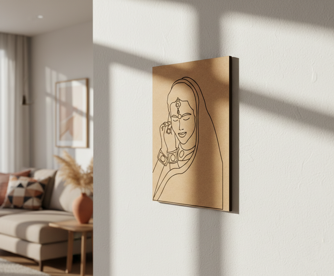 Decorative MDF DIY wall art of a stylized face on a gold frame in a living room.