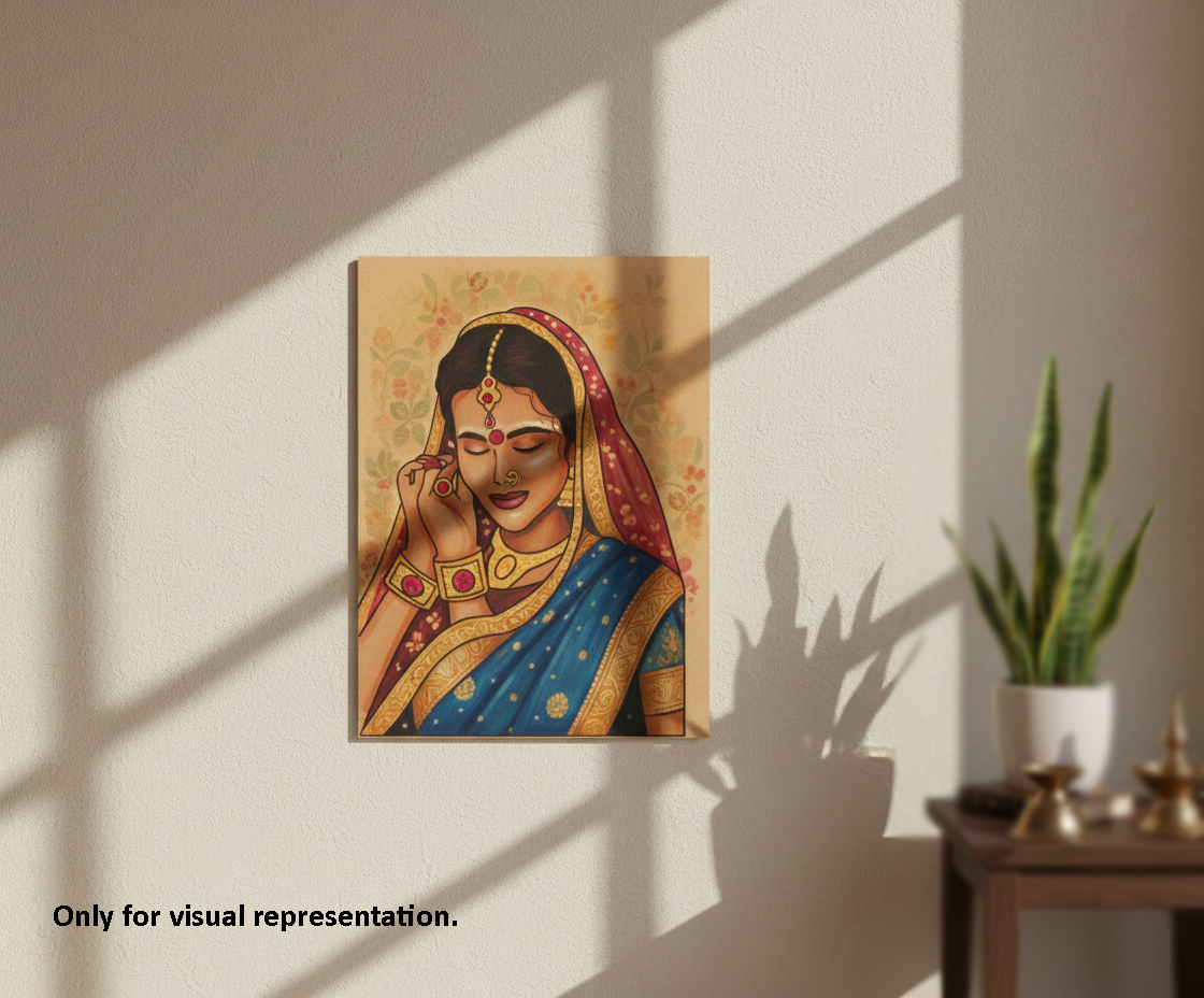 Artistic depiction of a woman in traditional attire on a wall with a plant and table in the background.
