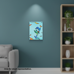 Colorful abstract painting on a teal wall in a living room setting.