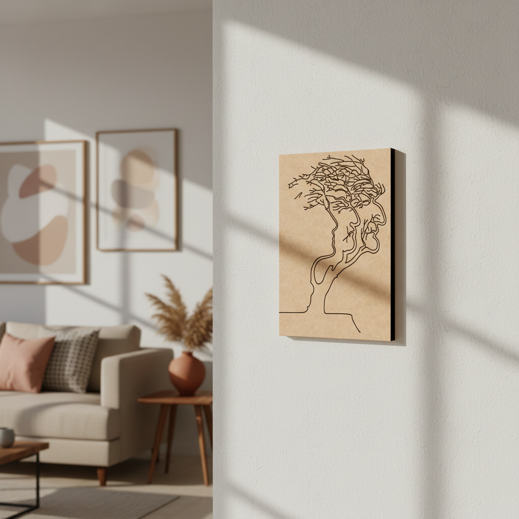 Living room with a MDF DIY wall art piece of a tree on a beige background