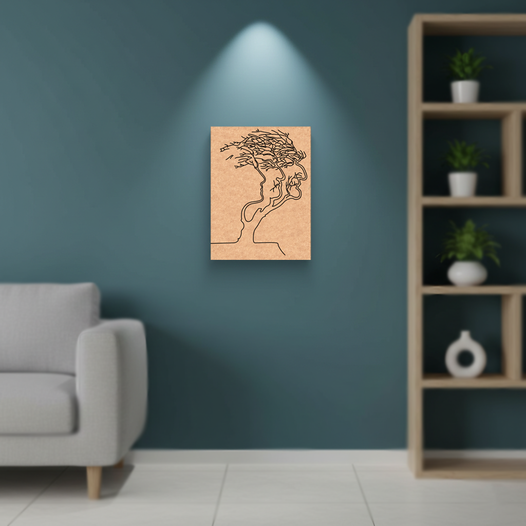 MDF DIY wall art piece on a teal wall with a gray sofa and wooden shelf in the background.