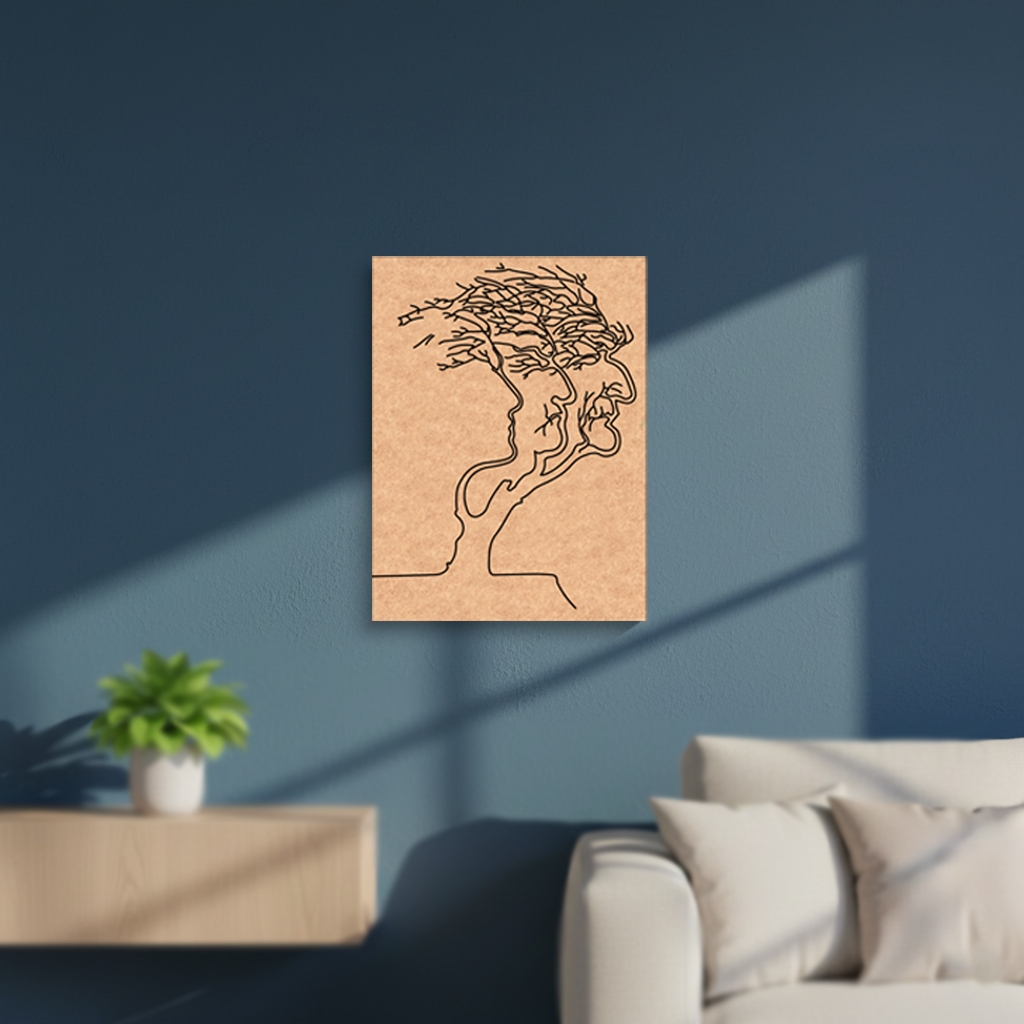MDF DIY Abstract wall art of a face with flowing hair on a beige background, displayed in a living room.