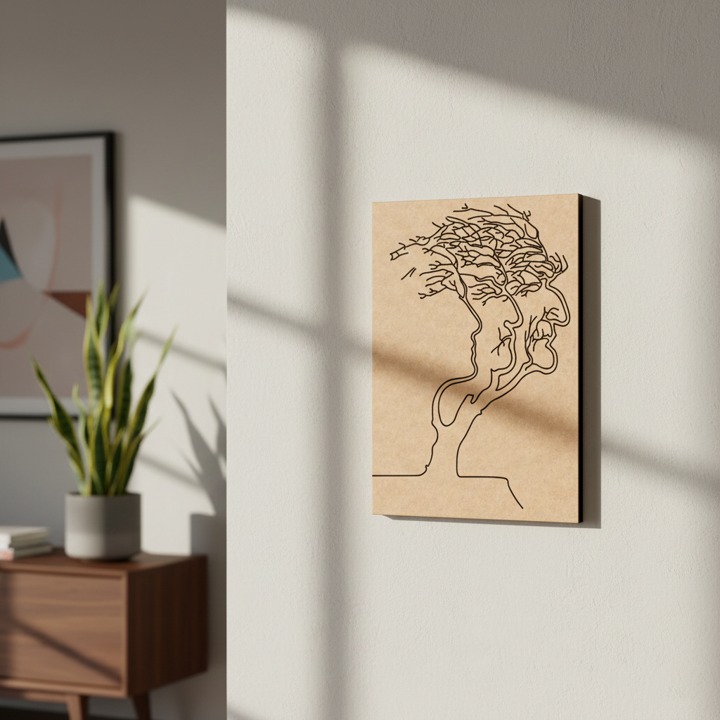 MDF DIY wall art with a minimalist tree design on a light gray wall.