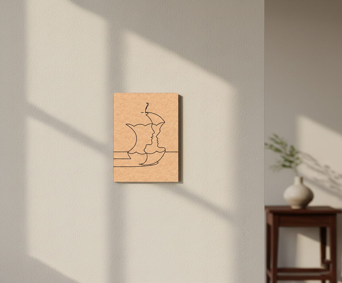Minimalist line art of a face on a wooden panel against a light wall with soft shadows.