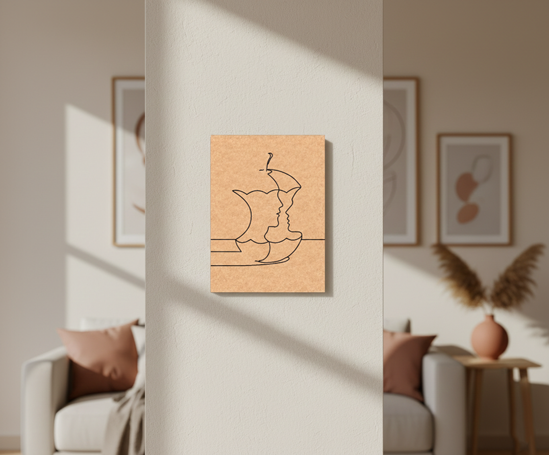 MDF DIY Minimalist line art of a face with an apple on a wooden panel in a living room setting.