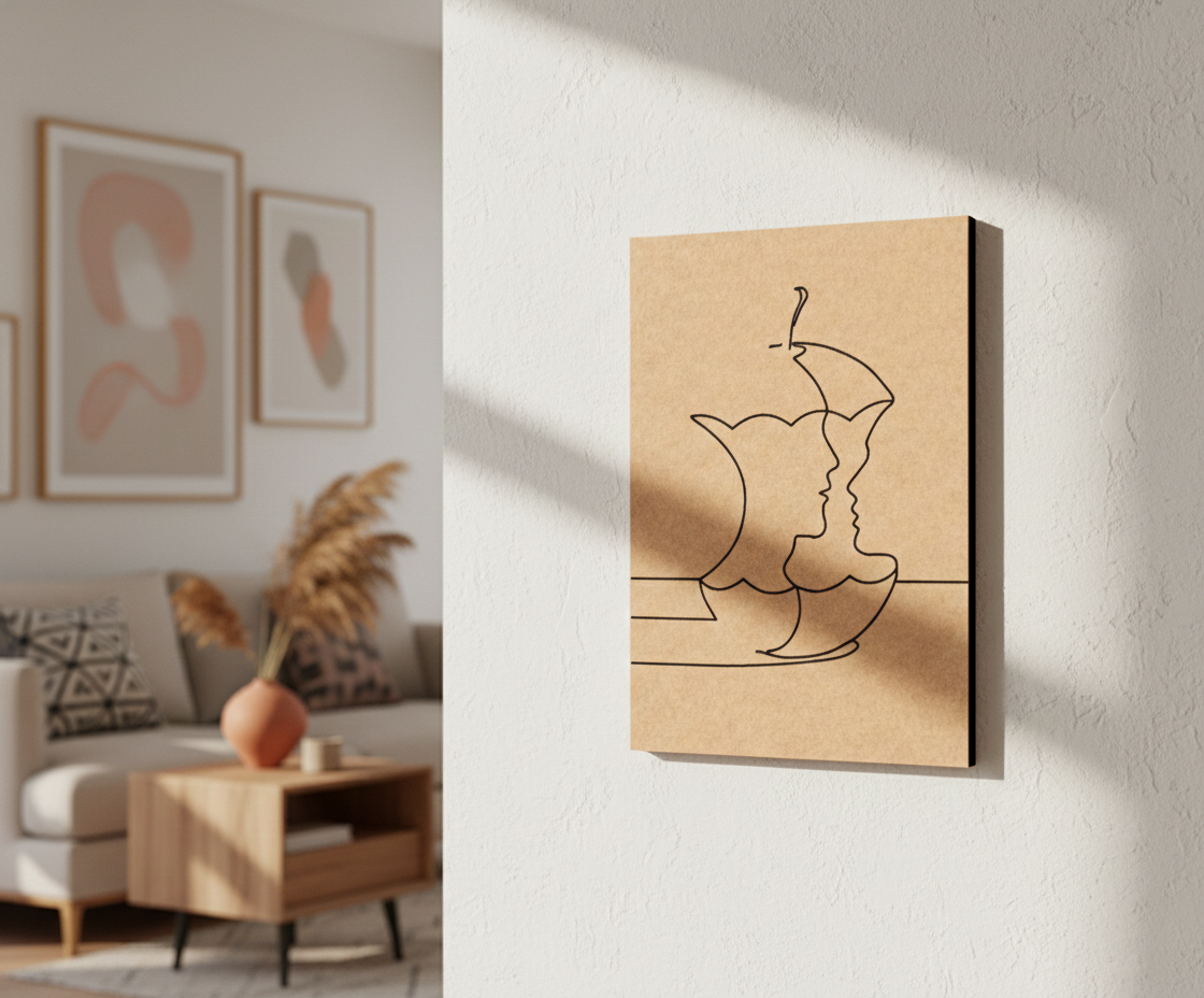 MDF DIY Abstract line art of a face on a beige background in a modern living room.