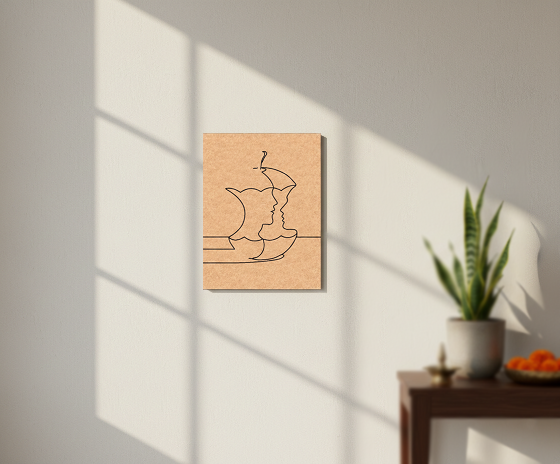 MDF DIY wall art with a minimalist design of a woman and crescent moon on a light wooden background.