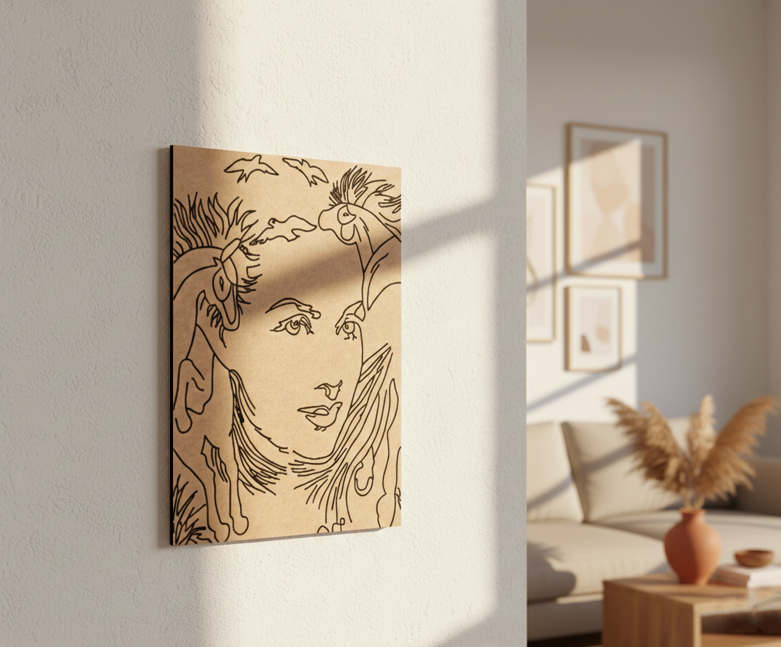 MDF DIY wall art of a face with abstract elements in a living room setting