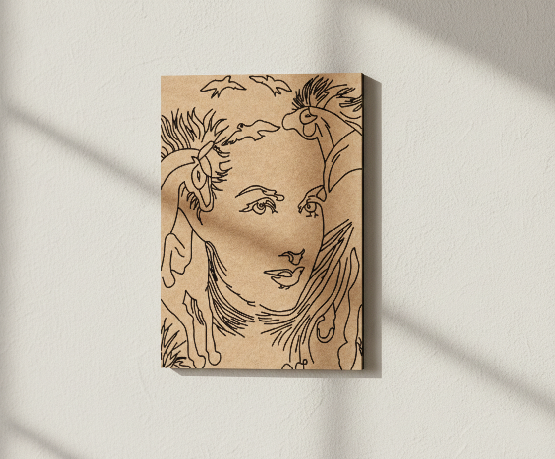 MDF DIY wall art with a stylized illustration of a face and goat on a beige background