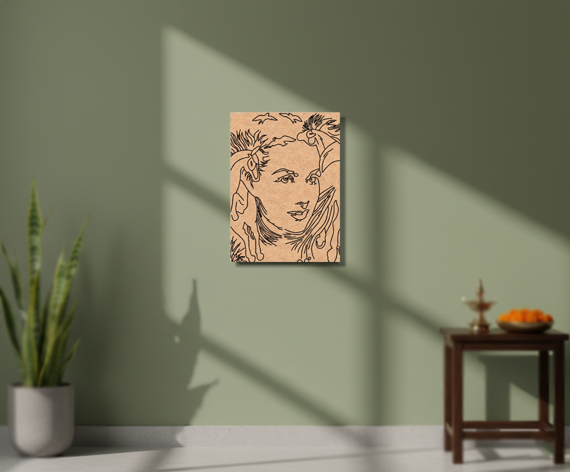 MDF DIY Canvas print of a stylized portrait on a green wall with a plant and small table in the foreground.