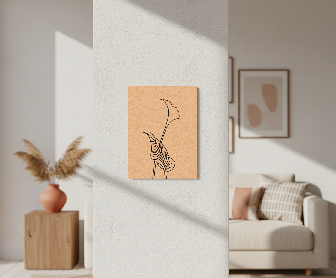 MDF DIY wall art with minimalist line drawing of a face and plant on a light background