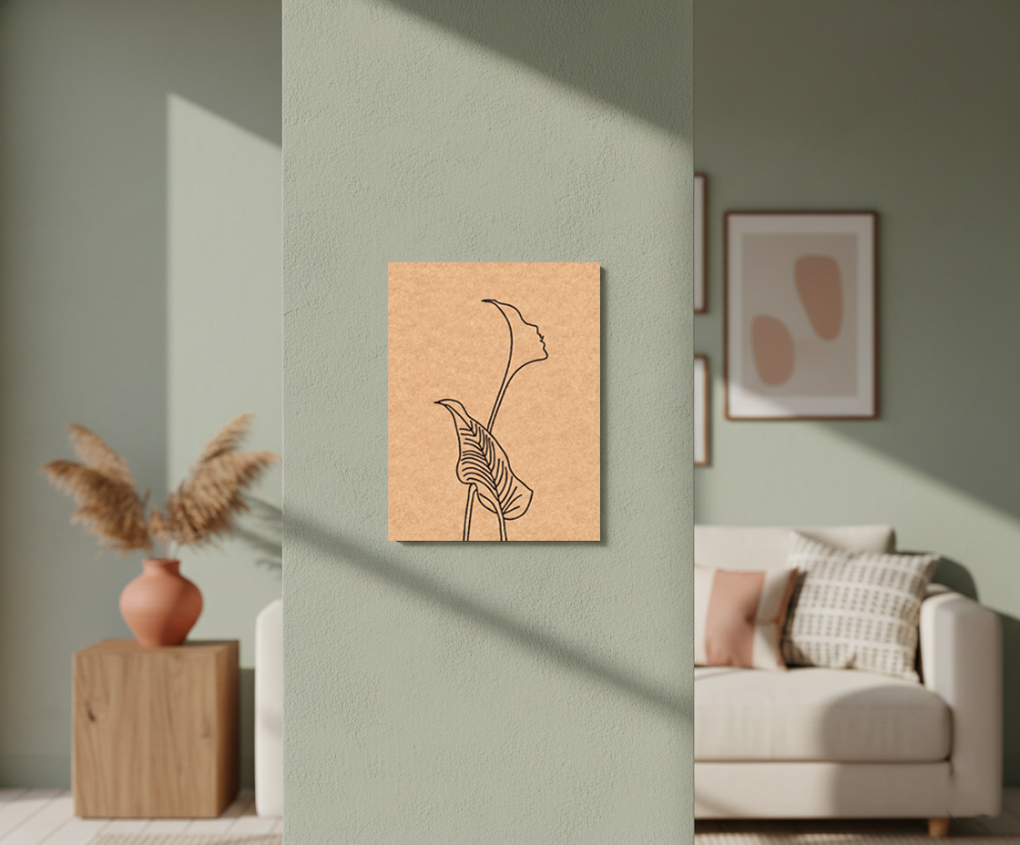 MDF DIY wall art with minimalist line drawing of a face and plant on a light background