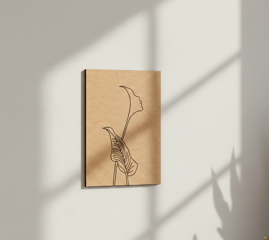 MDF DIY wall art with minimalist line drawing of a face and plant on a light background