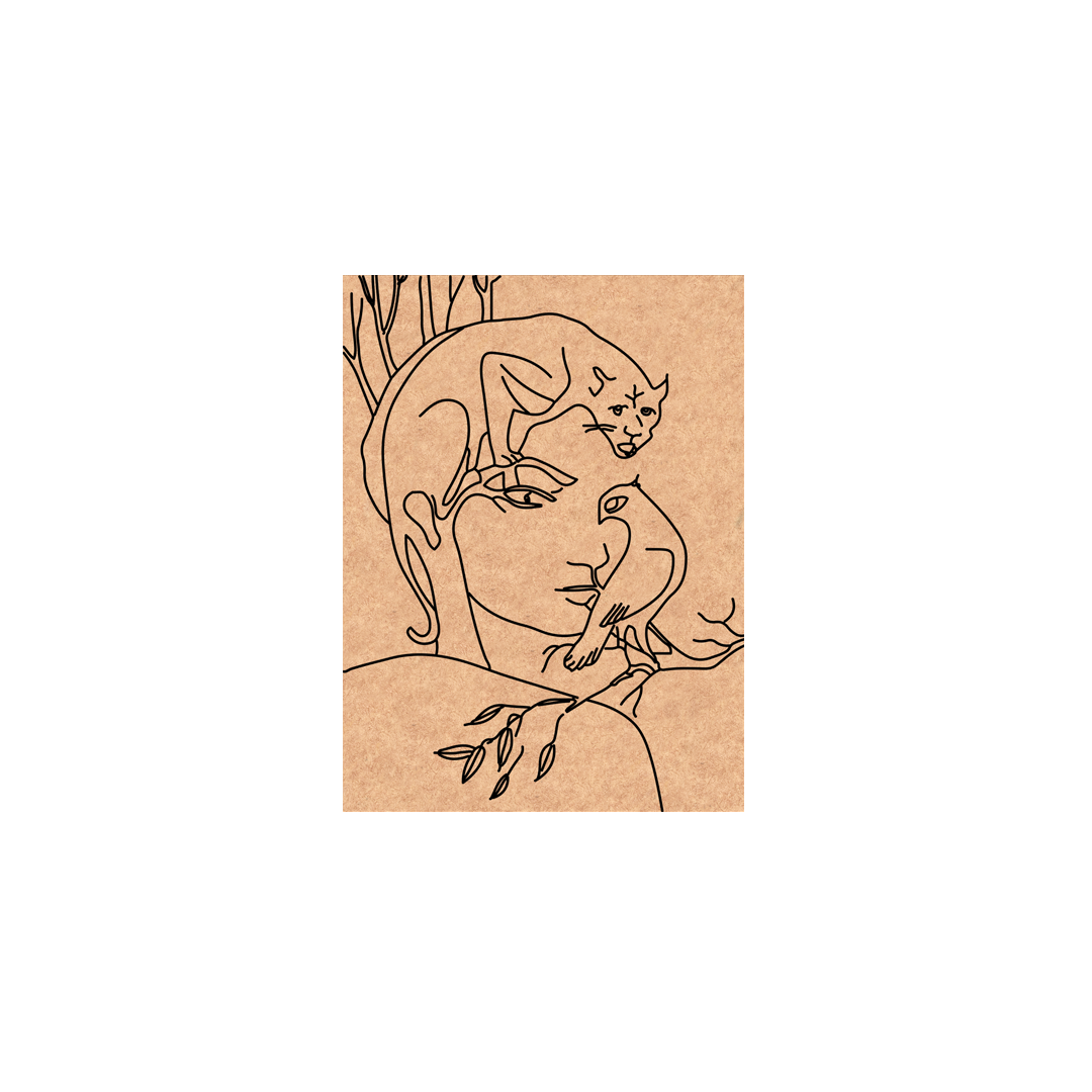 MDF DIY Illustration of a woman with a cat on her head and another cat on her shoulder, on a beige background.