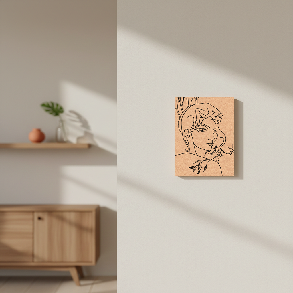 Minimalist line art of a woman with a flower on a wooden panel in a modern interior setting.