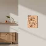 Minimalist line art of a woman with a flower on a wooden panel in a modern interior setting.