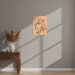 Artistic depiction of a woman's face with a cat on her head in a minimalistic room.