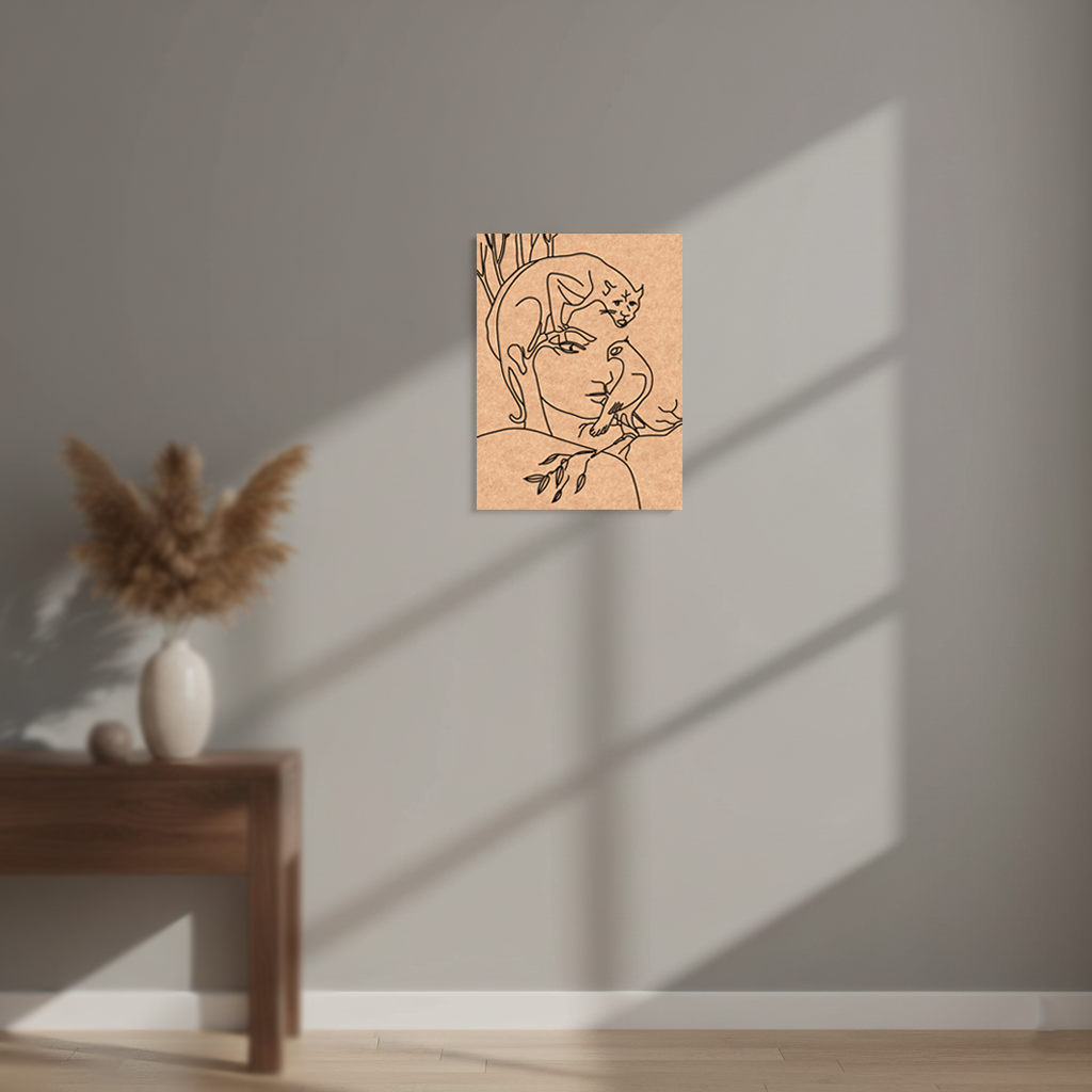 Artistic depiction of a woman's face with a cat on her head in a minimalistic room.