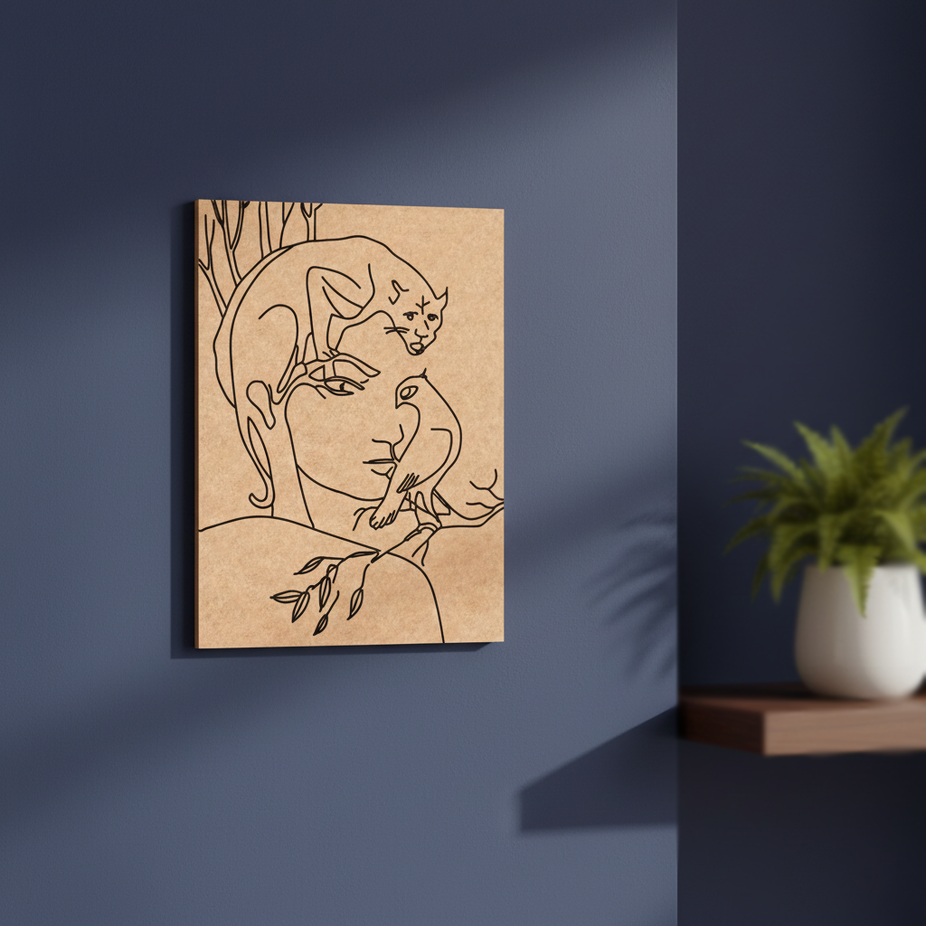 MDF DIY Abstract line art of a woman with a cat on a wooden panel against a blue wall.