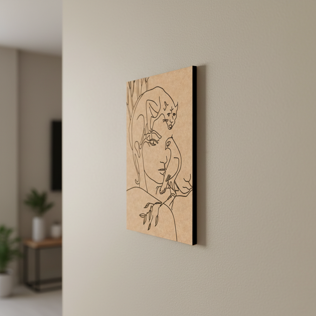 Abstract art piece on a beige wall with a blurred room background