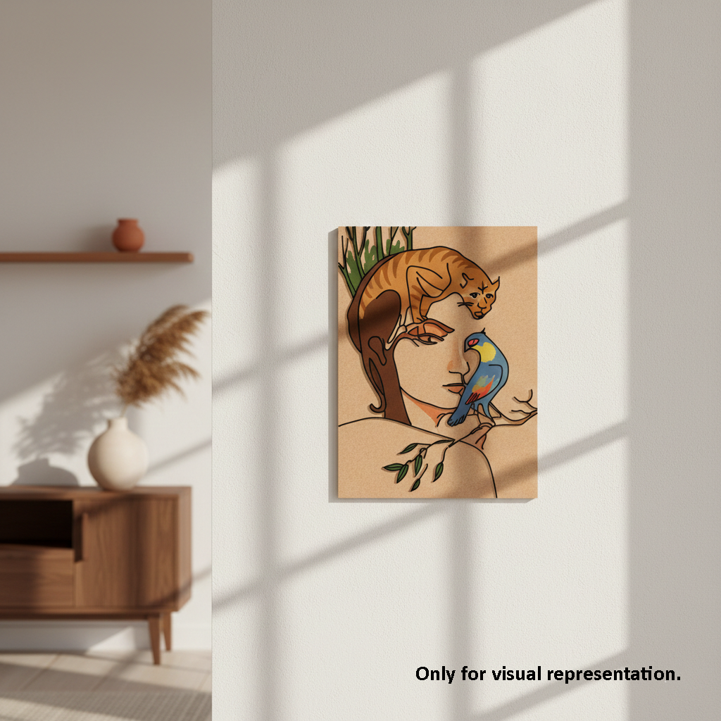 Canvas print of a stylized artwork with a woman's face, cat, and parrot on a wall in a room with sunlight filtering through.