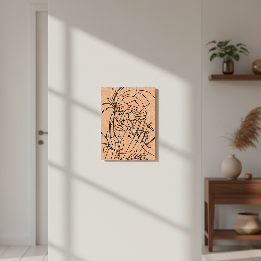 MDF DIY Abstract wall art on a light wall with a wooden shelf and decor items.