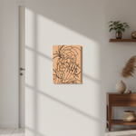 MDF DIY Abstract wall art on a light wall with a wooden shelf and decor items.