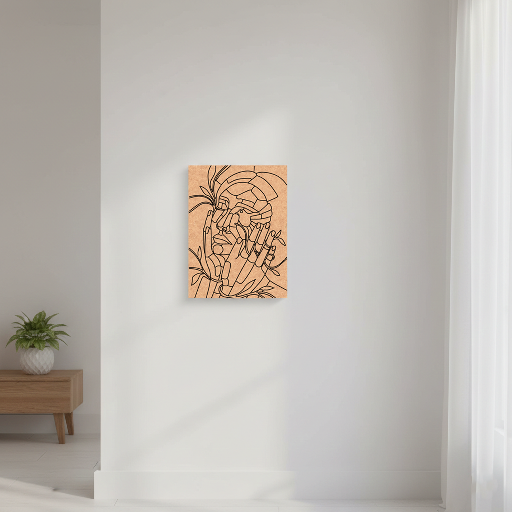 Minimalist MDF DIY line art of a face on a peach-colored background, framed in black, hanging on a white wall.