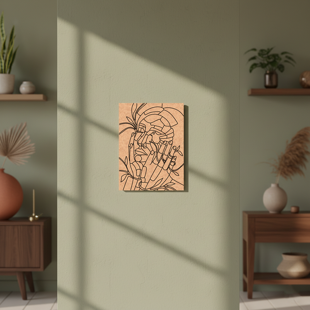 Decorative MDF DIY wall art on a green wall with wooden furniture and plants.