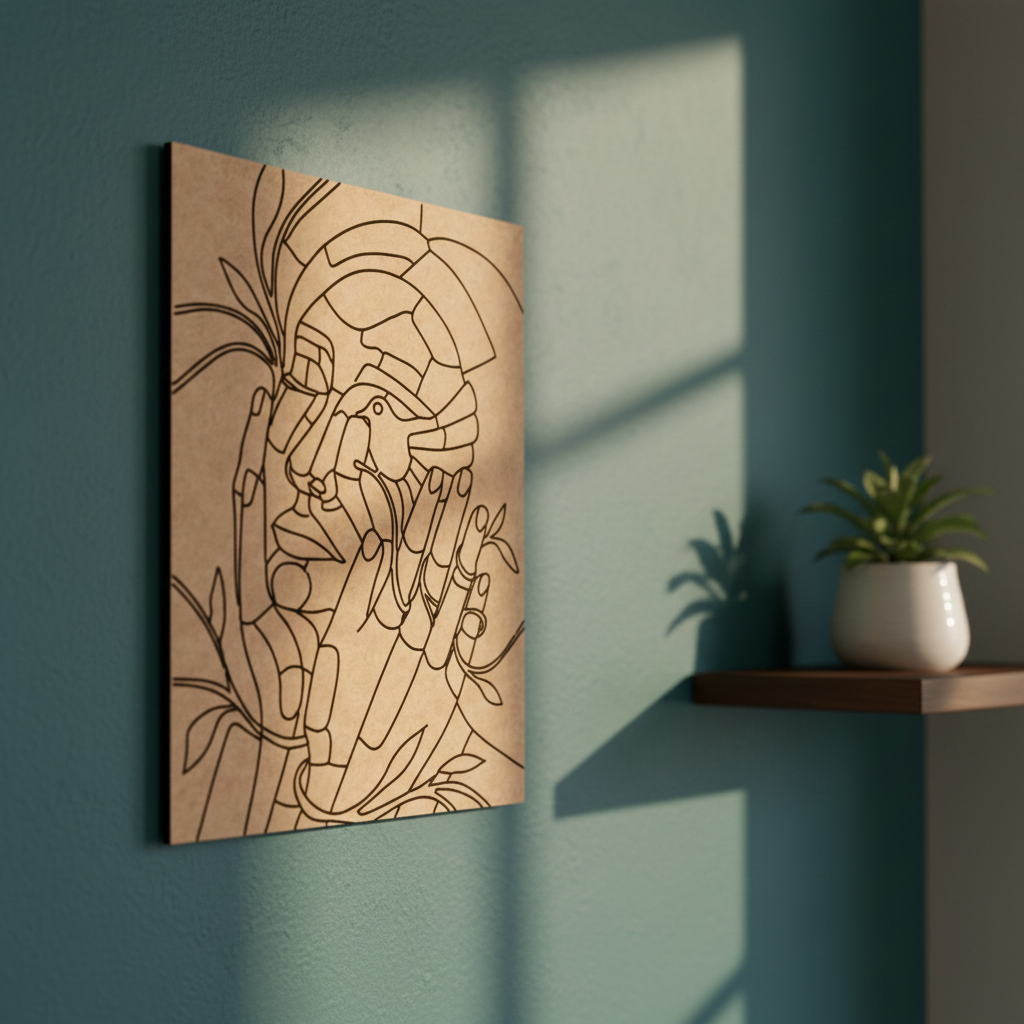MDF DIY wall art with abstract design on a teal wall with a plant in the background