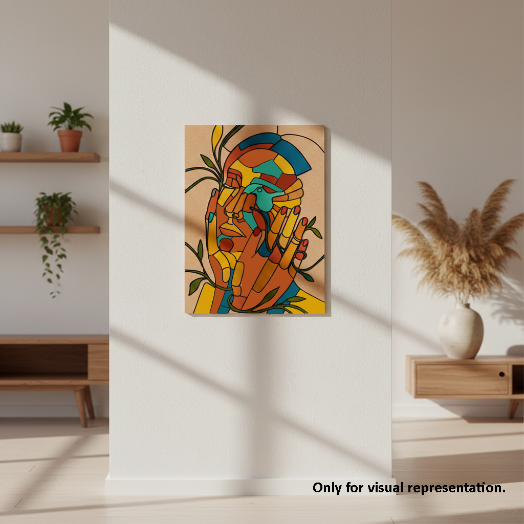 MDF DIY Colorful abstract painting on a wall in a modern interior setting with plants and decor.