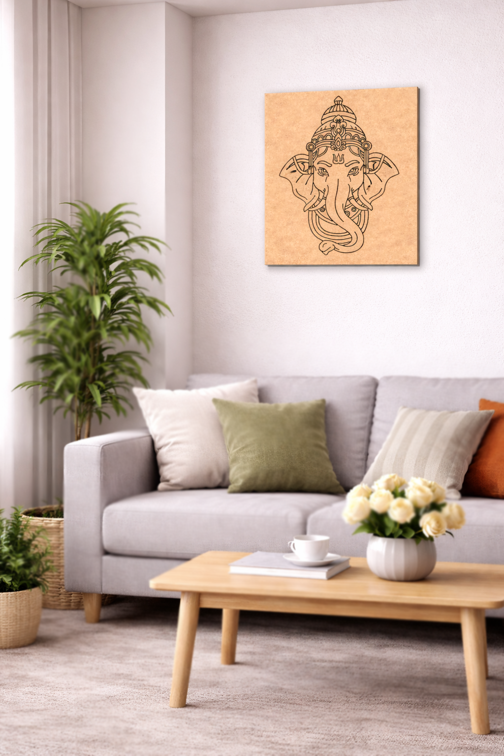 Living room with a gray sofa, wooden coffee table, and MDF DIY wall art of a deity.