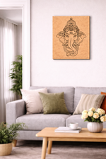 Living room with a gray sofa, coffee table, and MDF DIY wall art of a deity figure.