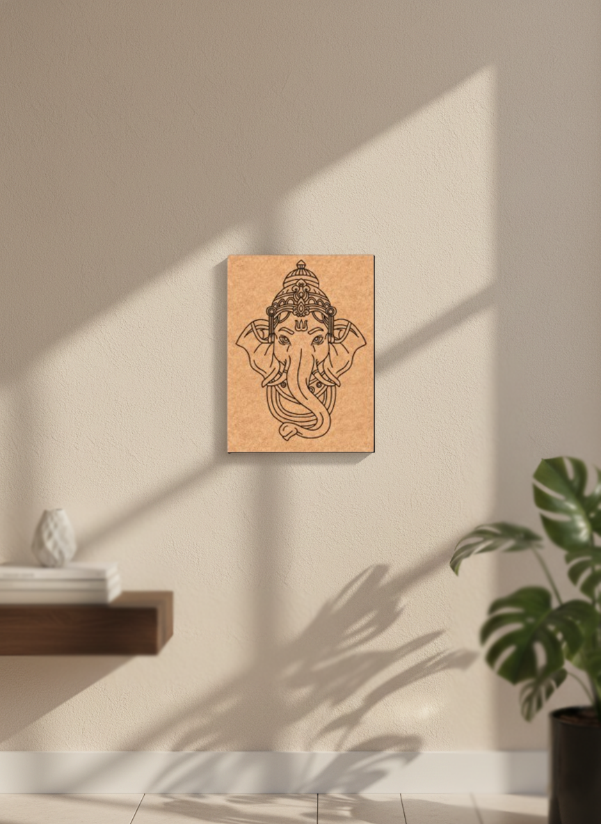 MDF DIY wall  art Canvas print of an elephant god with a minimalistic design on a beige wall.