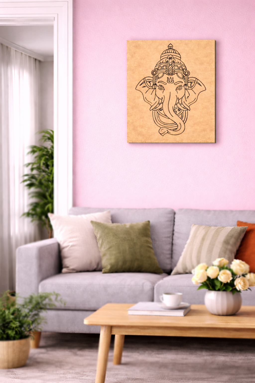  MDF DIY wall art ,Living room with a gray sofa, coffee table, and wall art of a deity.