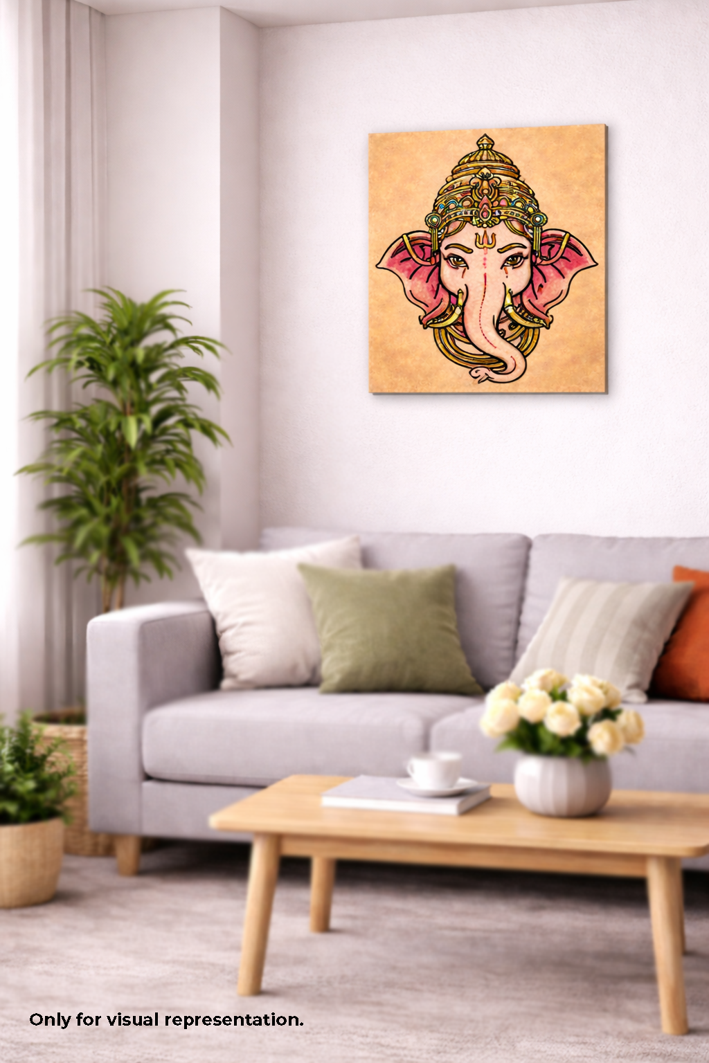  MDF DIY wall art ,Living room with a gray sofa, coffee table, and wall art of a colorful deity.