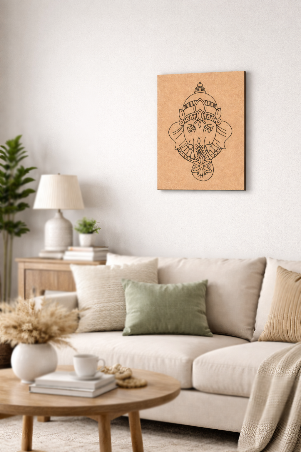 Living room with a beige sofa, wooden coffee table, and  MDF DIY wall art of a face with a hat.